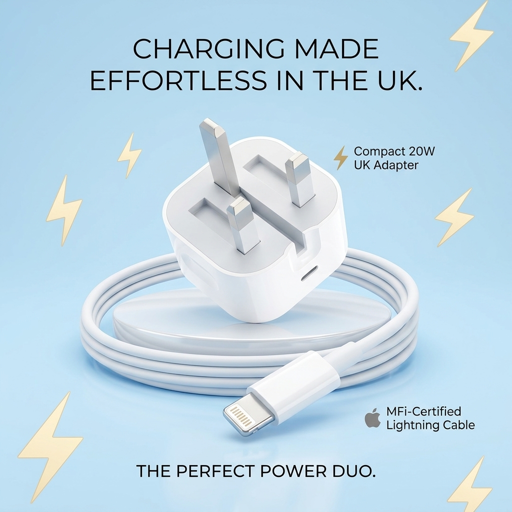 iPhone 20W UK Adapter (3-Pin) + Lightning Cable view 3